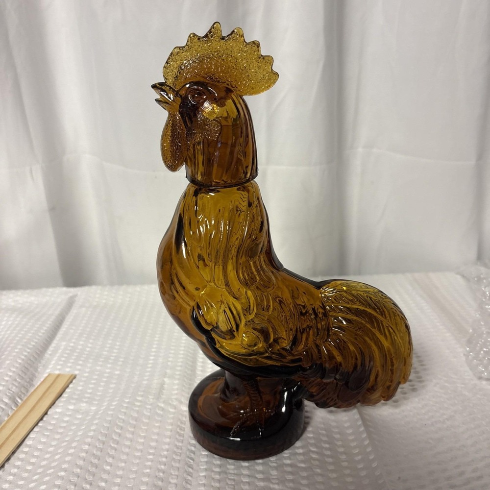 Vintage 1973 Jeffrey Snyder Amber Glass Rooster Figural Decanter Bottle